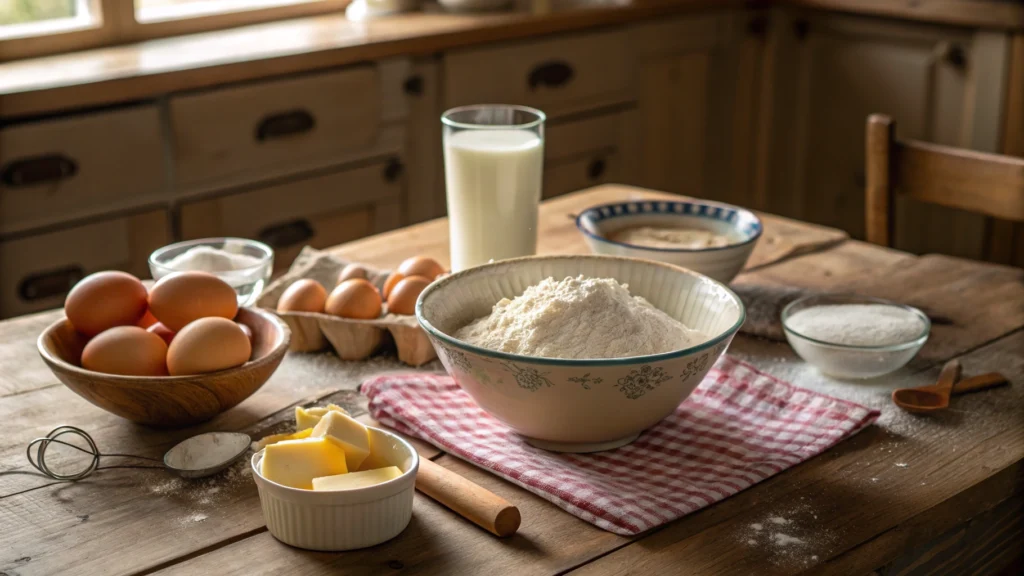 A rustic wooden table scattered with essential ingredients for making French crepes: a bowl of flour, fresh eggs, a glass of milk, a stick of melted butter, a pinch of salt, and a small bowl of sugar, all arranged aesthetically with a backdrop of soft morning light streaming in through a nearby window.