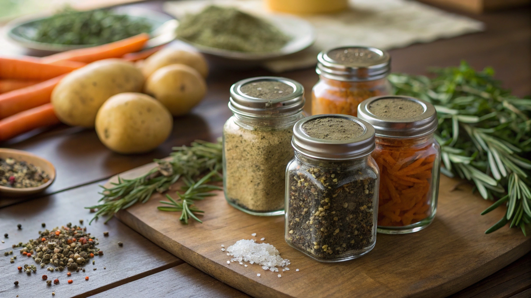 A rustic wooden tabletop adorned with small glass jars filled with colorful homemade pot roast seasonings, including a blend of dried herbs like rosemary, thyme, and oregano, alongside coarse sea salt and cracked black pepper, surrounded by fresh vegetables like carrots and potatoes, soft natural lighting casting a warm glow.