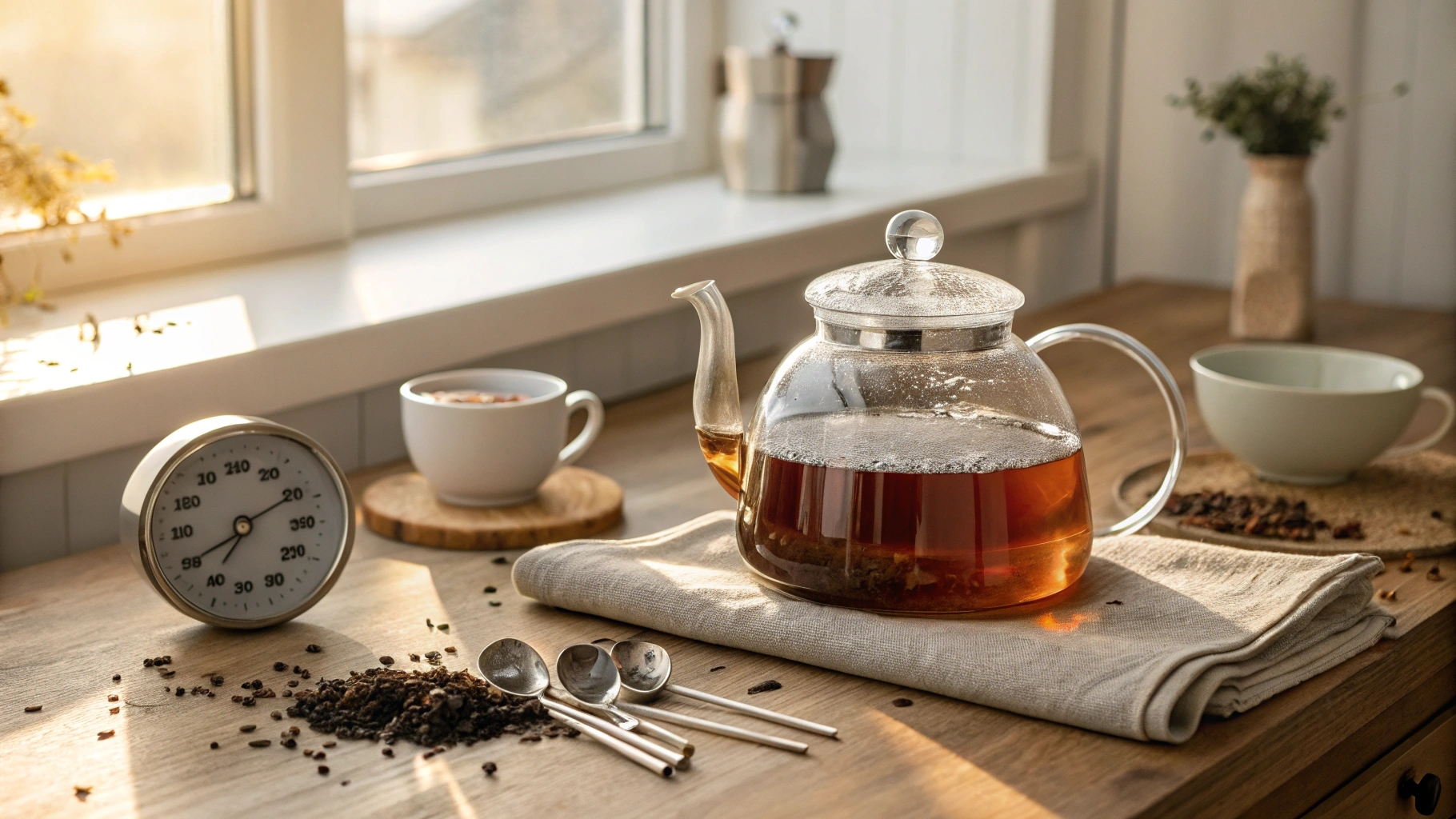 A serene kitchen scene with a glass teapot brewing milk tea, steam rising from the spout, surrounded by scattered tea leaves and a set of measuring spoons. Soft sunlight filters through a window, highlighting the rich amber color of the tea as it infuses with milk. A timer on the counter shows a few minutes left, and delicate cups await on a wooden table, creating an inviting atmosphere of warmth and comfort.