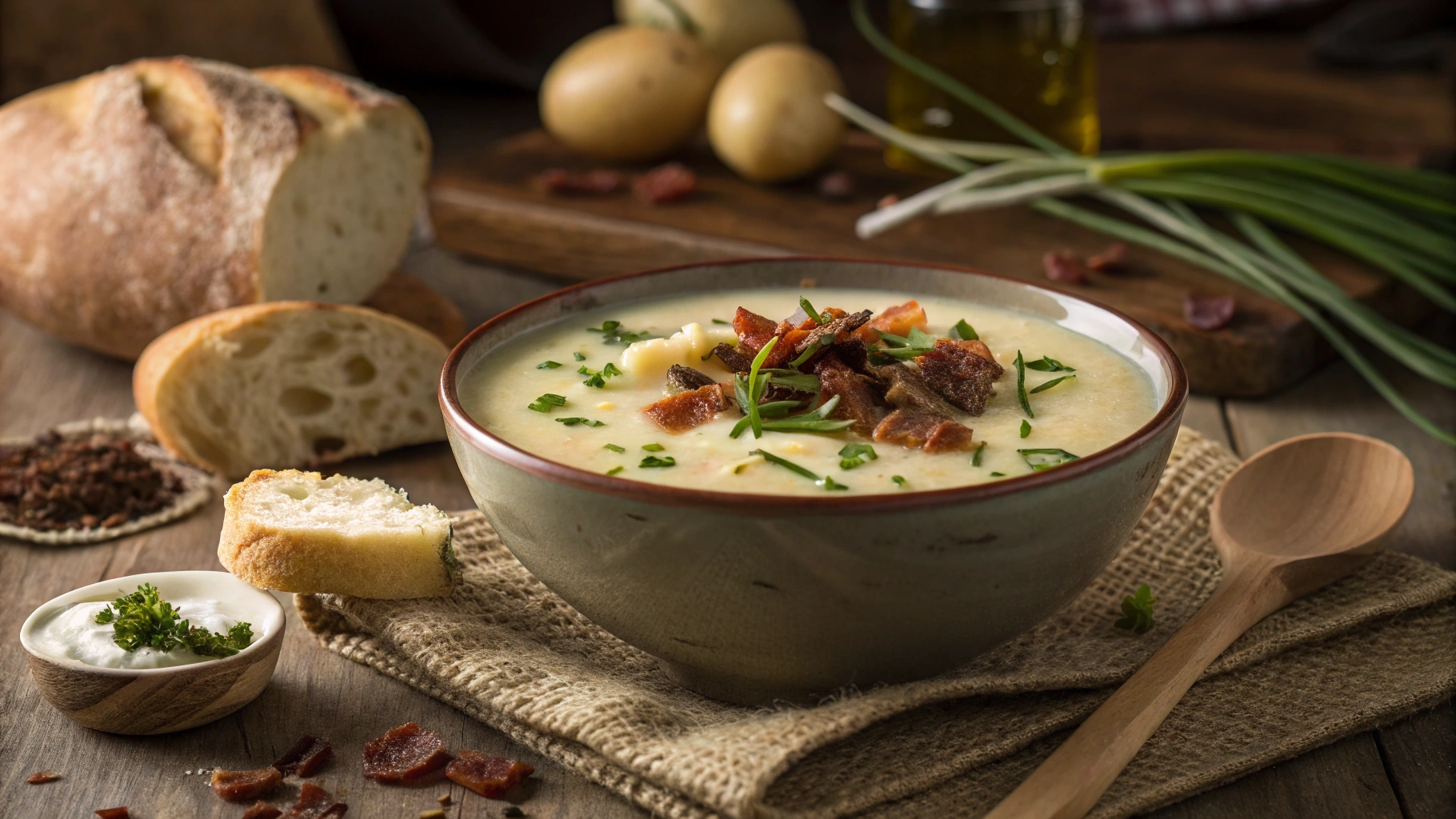 A warm bowl of creamy potato soup topped with crispy bacon, shredded cheese, and fresh chives, served with crusty bread on the side.