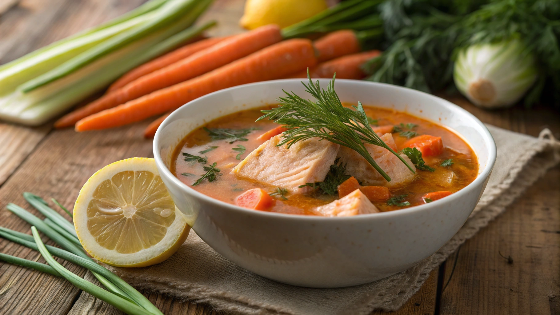 A steaming bowl of creamy salmon soup garnished with fresh dill and served with crusty bread.