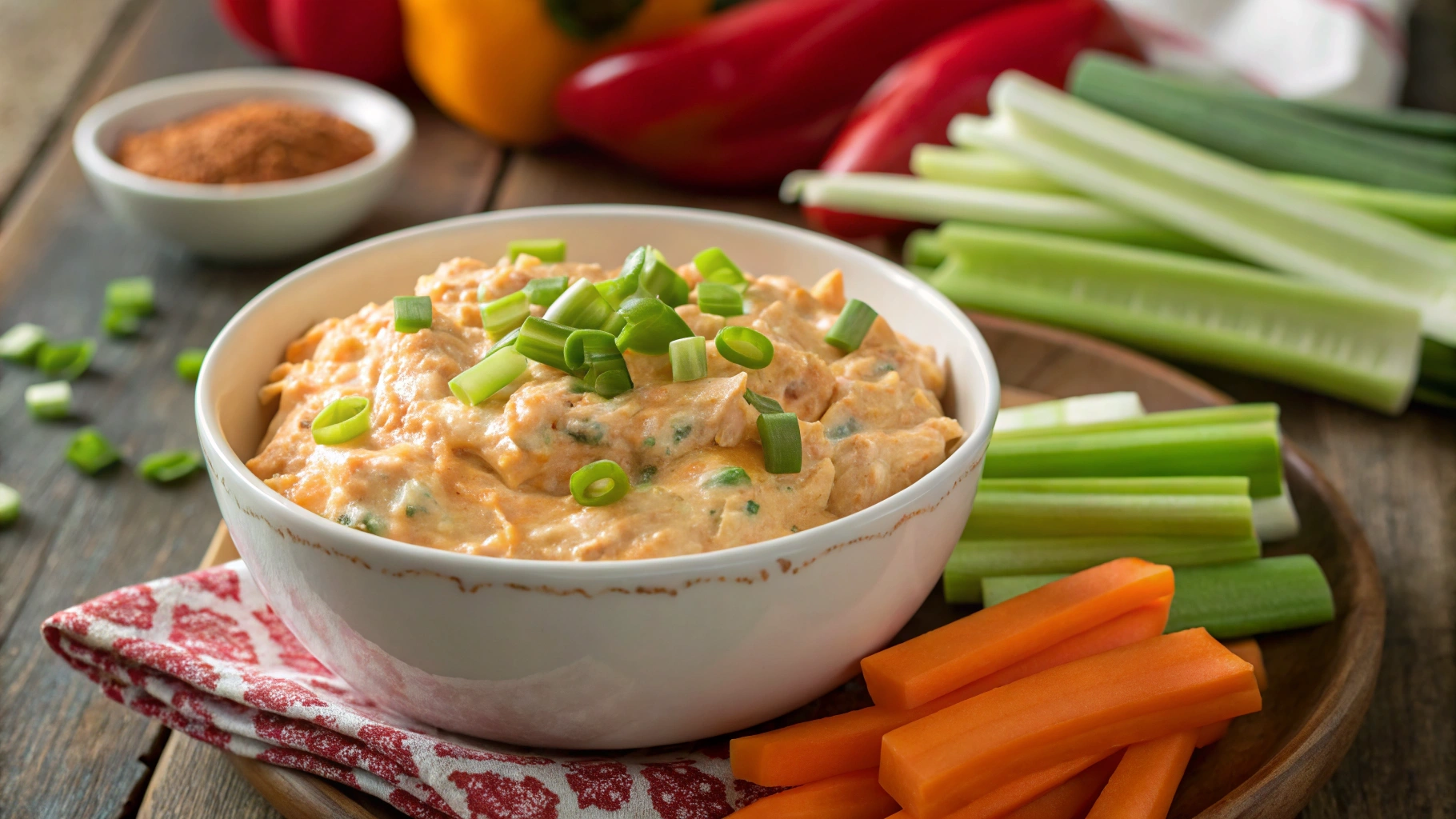 A vibrant bowl of creamy buffalo chicken dip made with cottage cheese, garnished with freshly chopped green onions and surrounded by colorful veggie sticks like celery, carrots, and bell peppers, all set on a rustic wooden table.