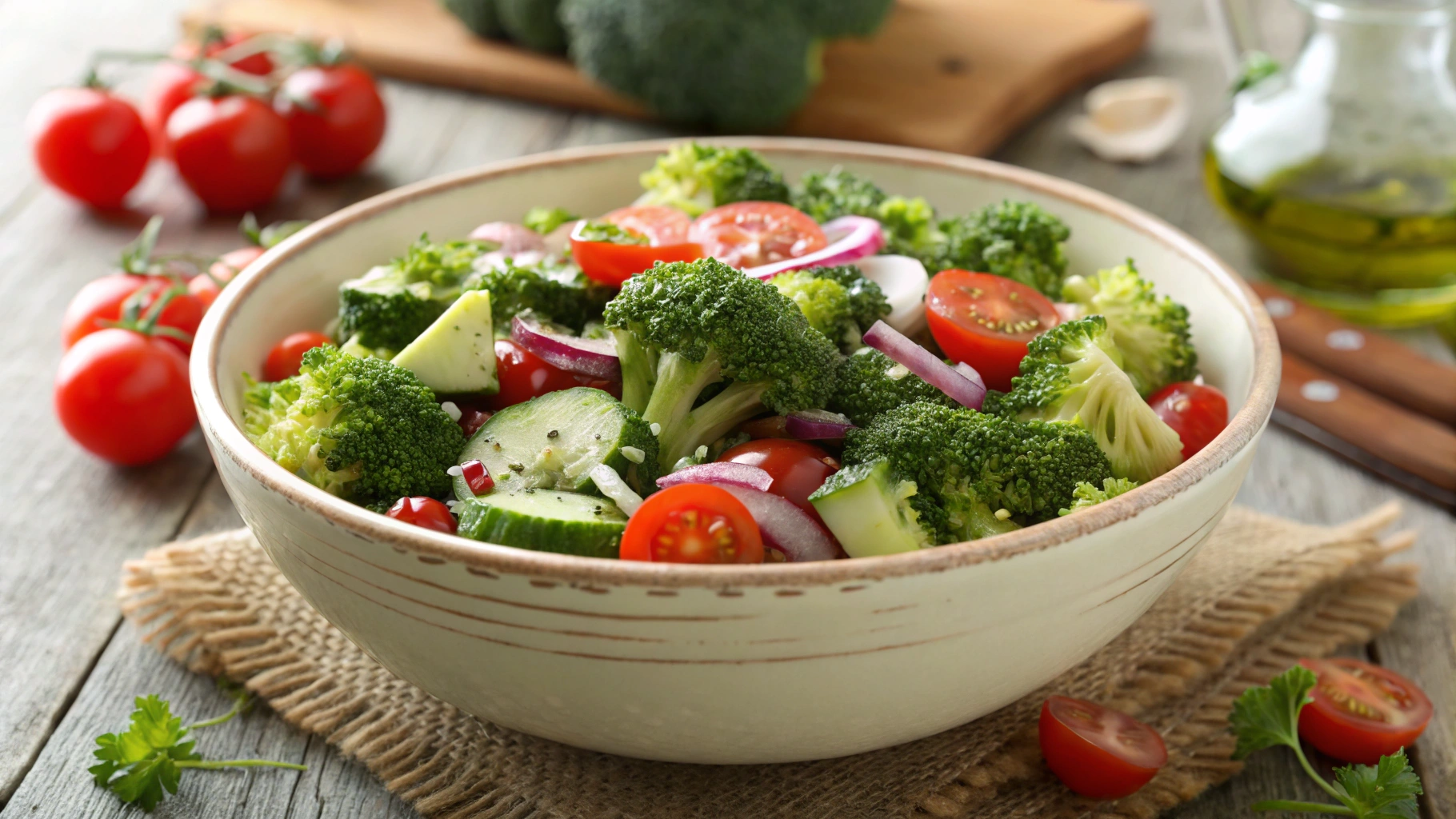 A vibrant bowl of broccoli salad with fresh broccoli florets, crispy bacon, shredded cheddar cheese, red onion, and a creamy dressing.