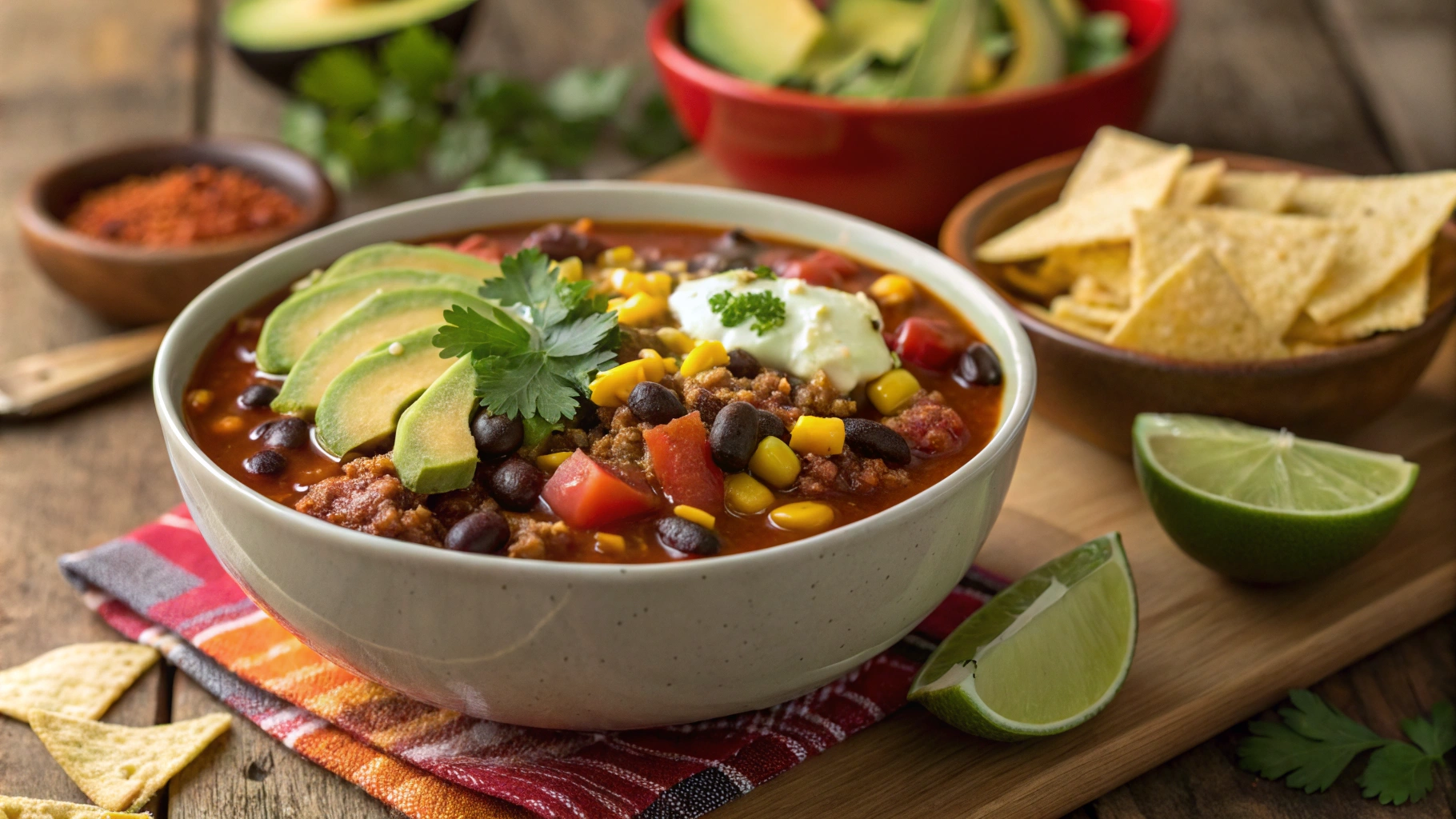 A warm bowl of taco soup topped with shredded cheese, a dollop of sour cream, and freshly chopped cilantro. The vibrant soup is filled with ground beef, beans, corn, tomatoes, and a flavorful blend of spices, served alongside tortilla chips.