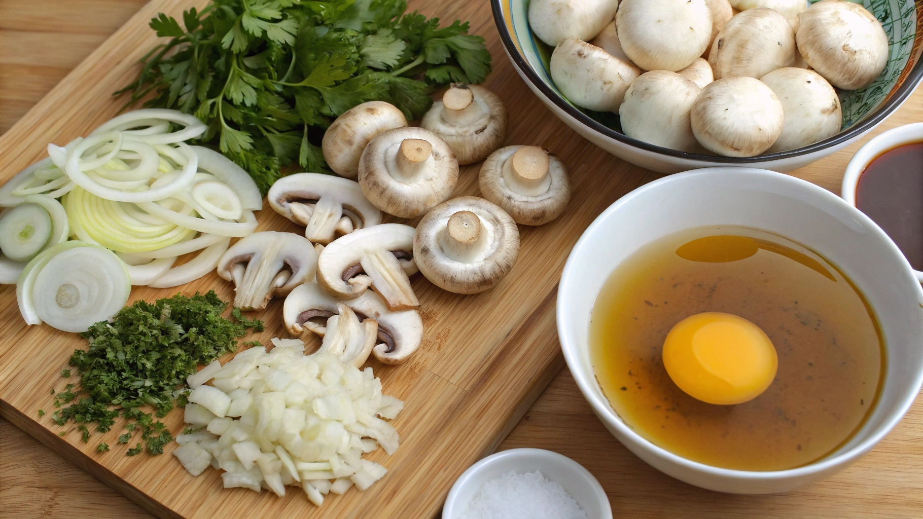 A vibrant composition of dairy-free mushroom stroganoff ingredients, featuring fresh button mushrooms, sliced onions, minced garlic, a bowl of vegetable broth, a splash of soy sauce, olive oil, chopped parsley, and wide egg
