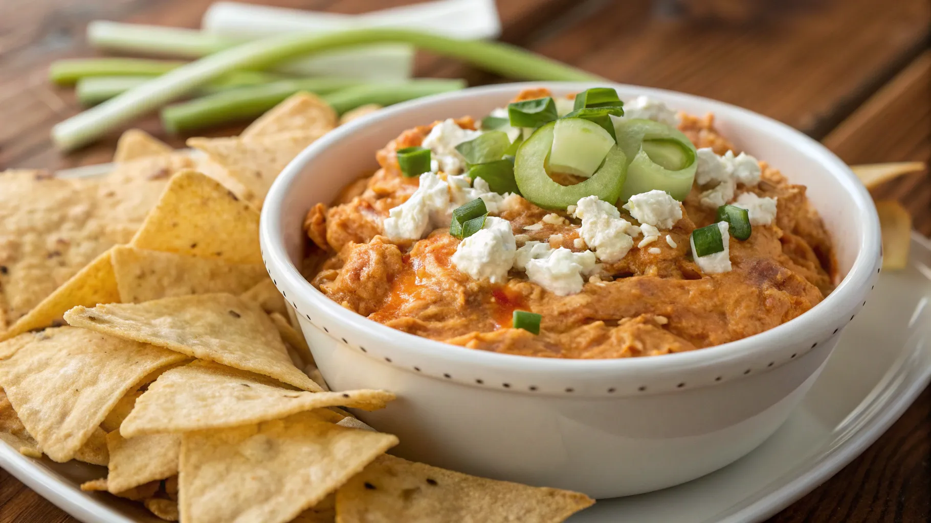 A vibrant, creamy buffalo chicken dip served in a rustic bowl, featuring chunks of shredded chicken, dollops of cottage cheese, and a mix of spicy buffalo sauce, garnished with fresh green onions and surrounded by crispy tortilla chips on a wooden table.