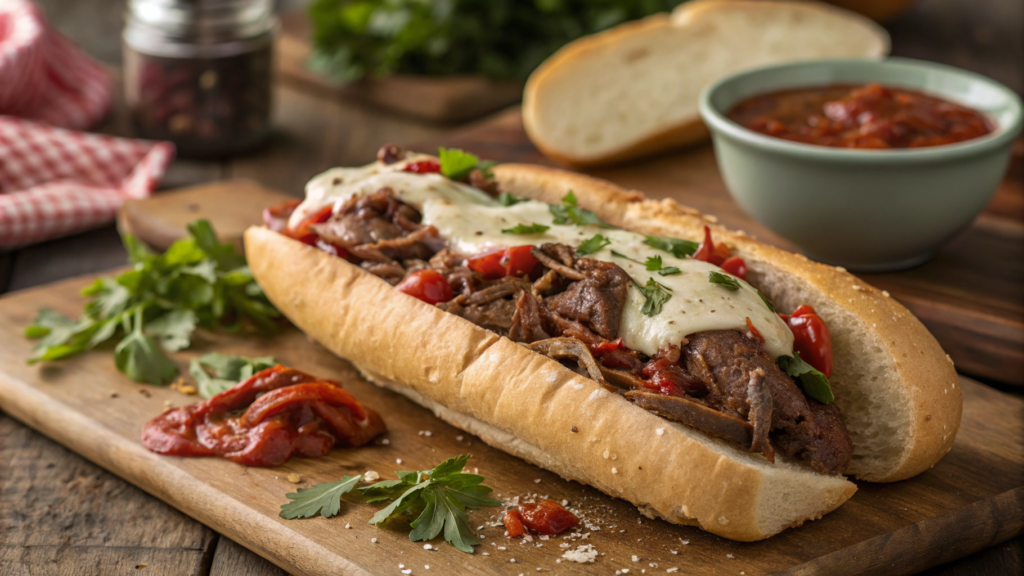 An authentic Italian beef sandwich, featuring thinly sliced, tender beef simmering in rich gravy, served on a fresh crusty hoagie roll, topped with giardiniera and melted provolone cheese, surrounded by vibrant Italian herbs and spices, with a rustic wooden table background.