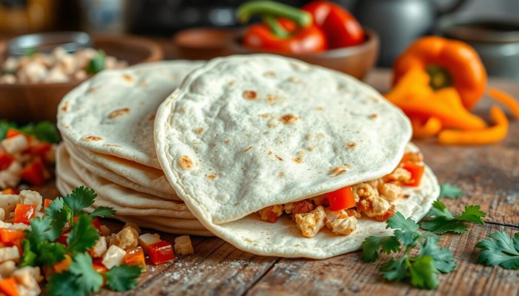 A tortilla being filled with chicken, cheese, and sauce, showing the preparation process for chicken enchiladas.
