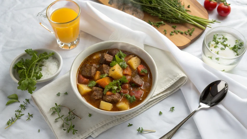 A beautifully plated bowl of beef stew paired with juice, perfect for dinner.