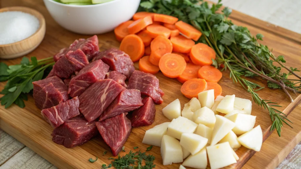 Prepped ingredients like beef, carrots, and potatoes for a hearty beef stew recipe.