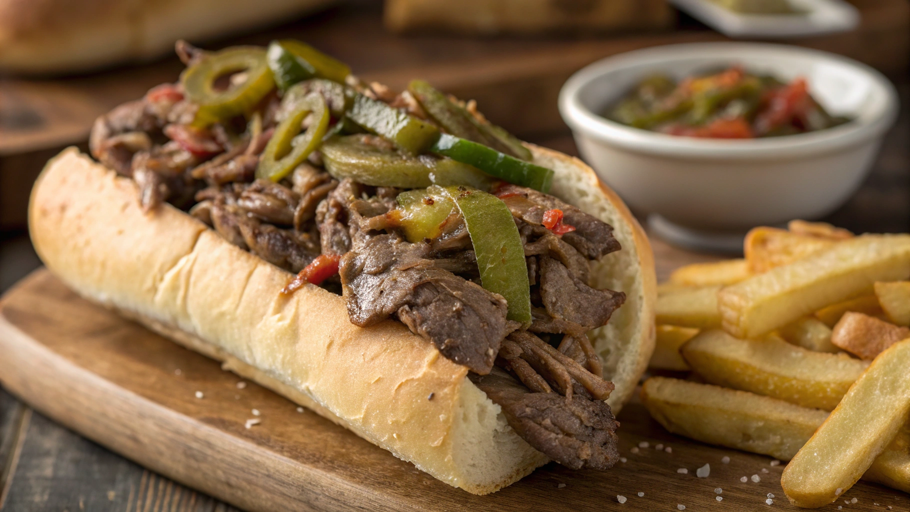 A savory Italian Beef sandwich loaded with tender beef, peppers, and drizzled with au jus, served on a crusty hoagie roll.