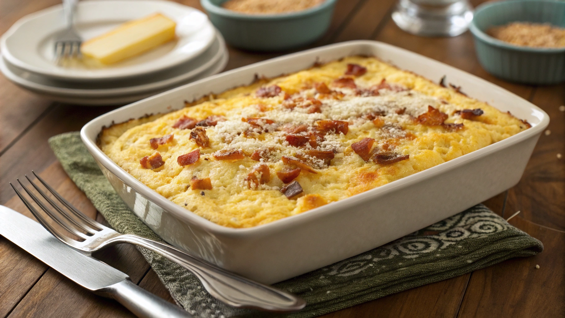 A golden-brown breakfast grits casserole in a baking dish, topped with melted cheese and garnished with fresh herbs, with a serving spoon ready to scoop.