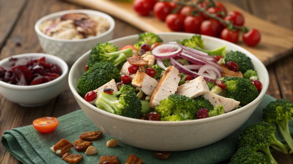 A vibrant plate of broccoli salad featuring bright green florets, cherry tomatoes, red onion slices, and a sprinkle of nuts, elegantly arranged next to a grilled chicken breast, a slice of lemon, and a small bowl of vinaigrette dressing, all set on a rustic wooden table with soft, natural lighting.