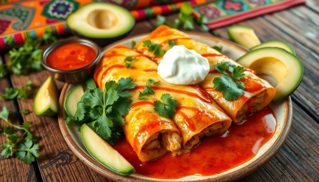 A plate of chicken enchiladas with traditional Mexican sides, including rice, beans, and guacamole, perfect for a complete meal.