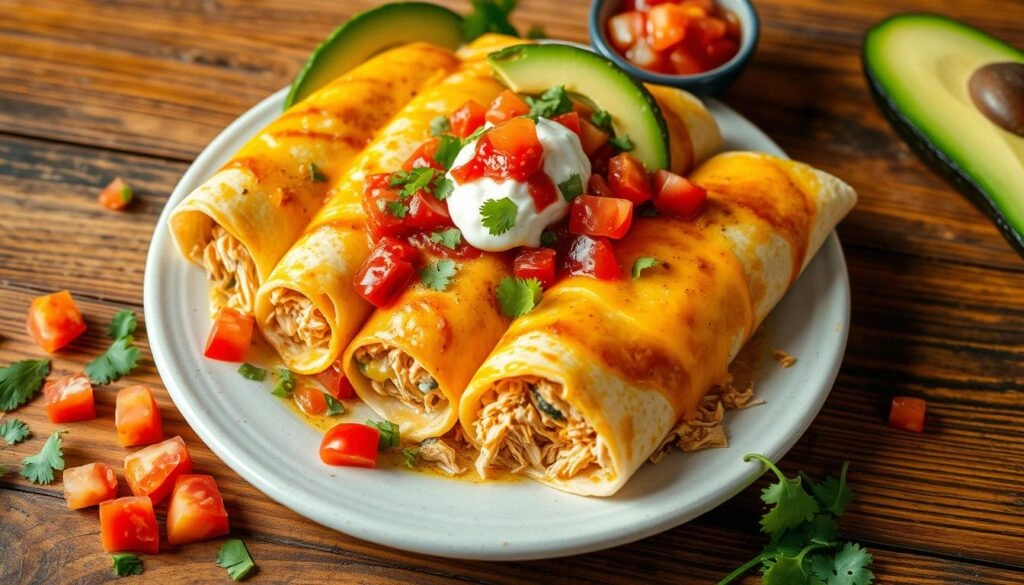 Freshly baked chicken enchiladas with red sauce and melted cheese