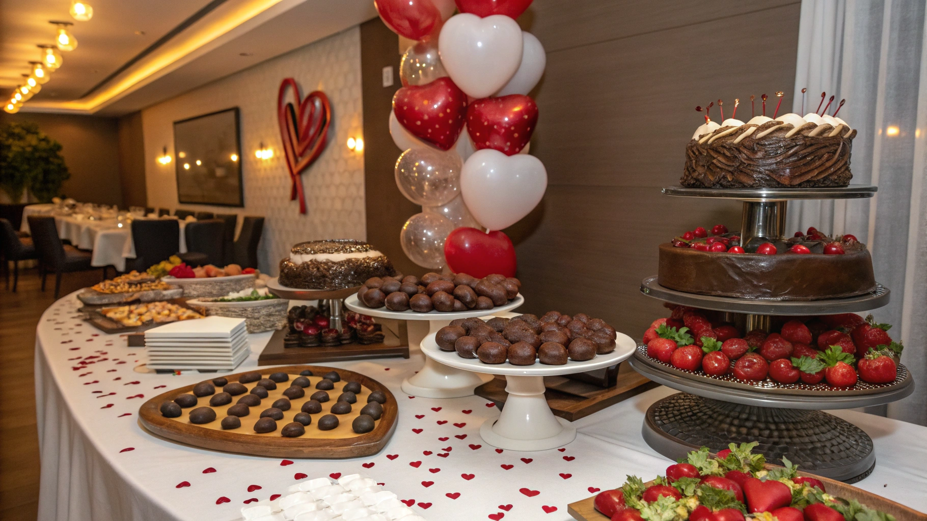 A vibrant dessert table adorned with an array of chocolate treats, including heart-shaped chocolates, chocolate-covered strawberries, and decadent cakes, surrounded by festive decorations like balloons and confetti, warm lighting creating a cozy atmosphere, with a backdrop of a beautifully set dining area showcasing chocolate-themed elements.