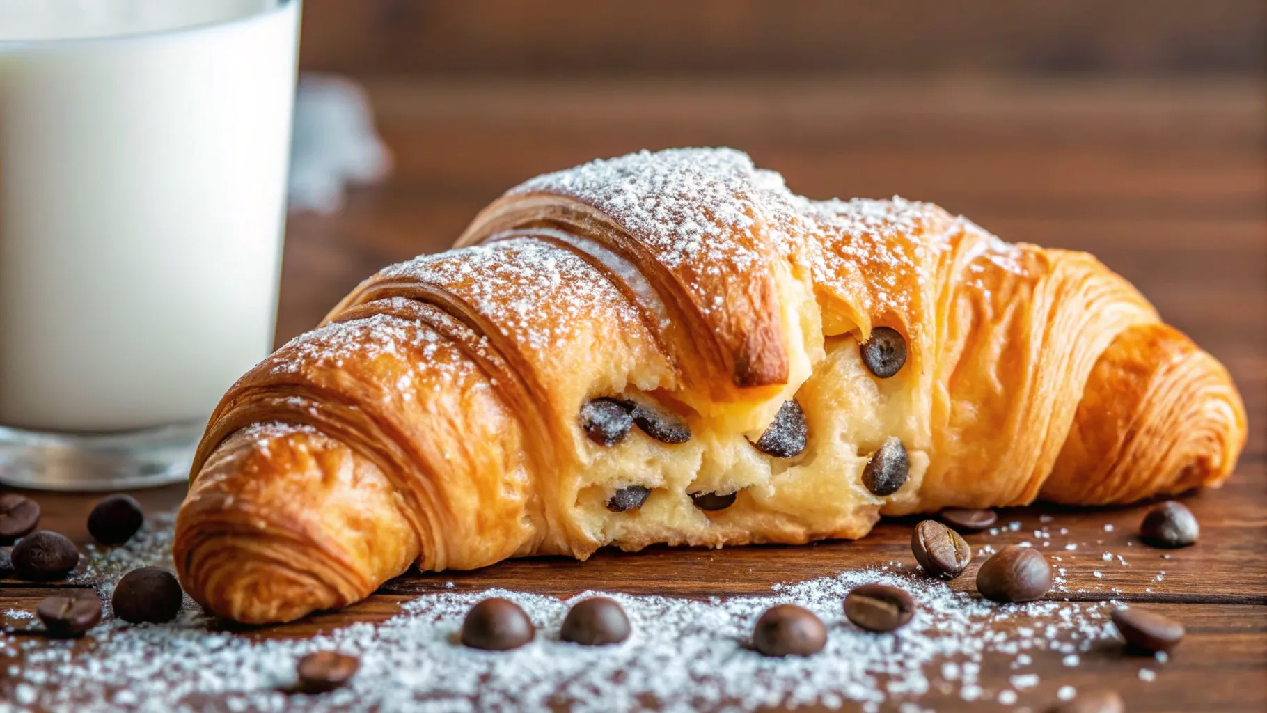 A golden, flaky cookie croissant with a crispy outer layer and a soft, buttery interior, drizzled with chocolate and sprinkled with powdered sugar.