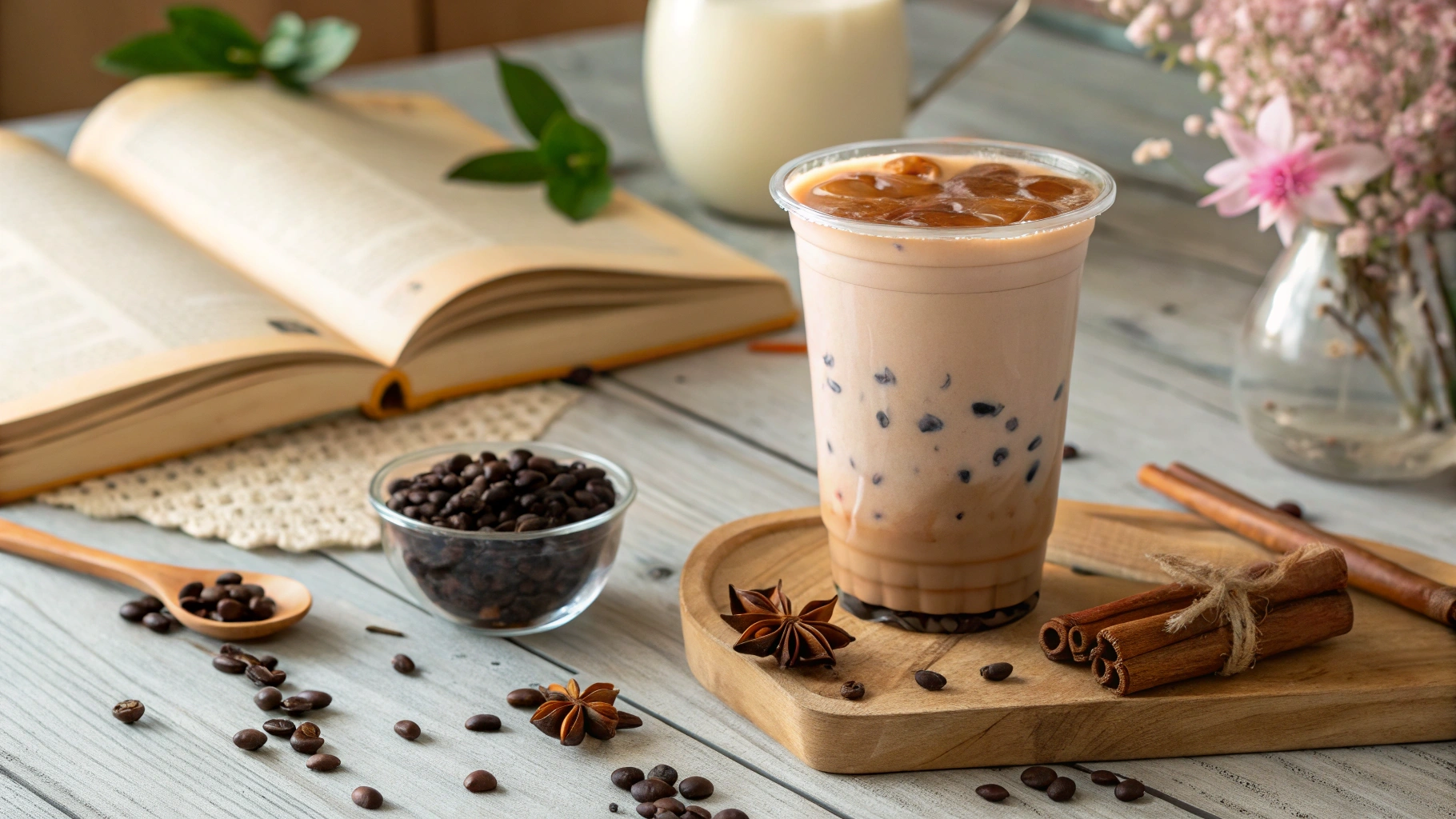 A creamy cup of milk tea served in a glass mug, topped with frothy foam and a sprig of mint, placed on a wooden table with scattered tea leaves and a teapot in the background.