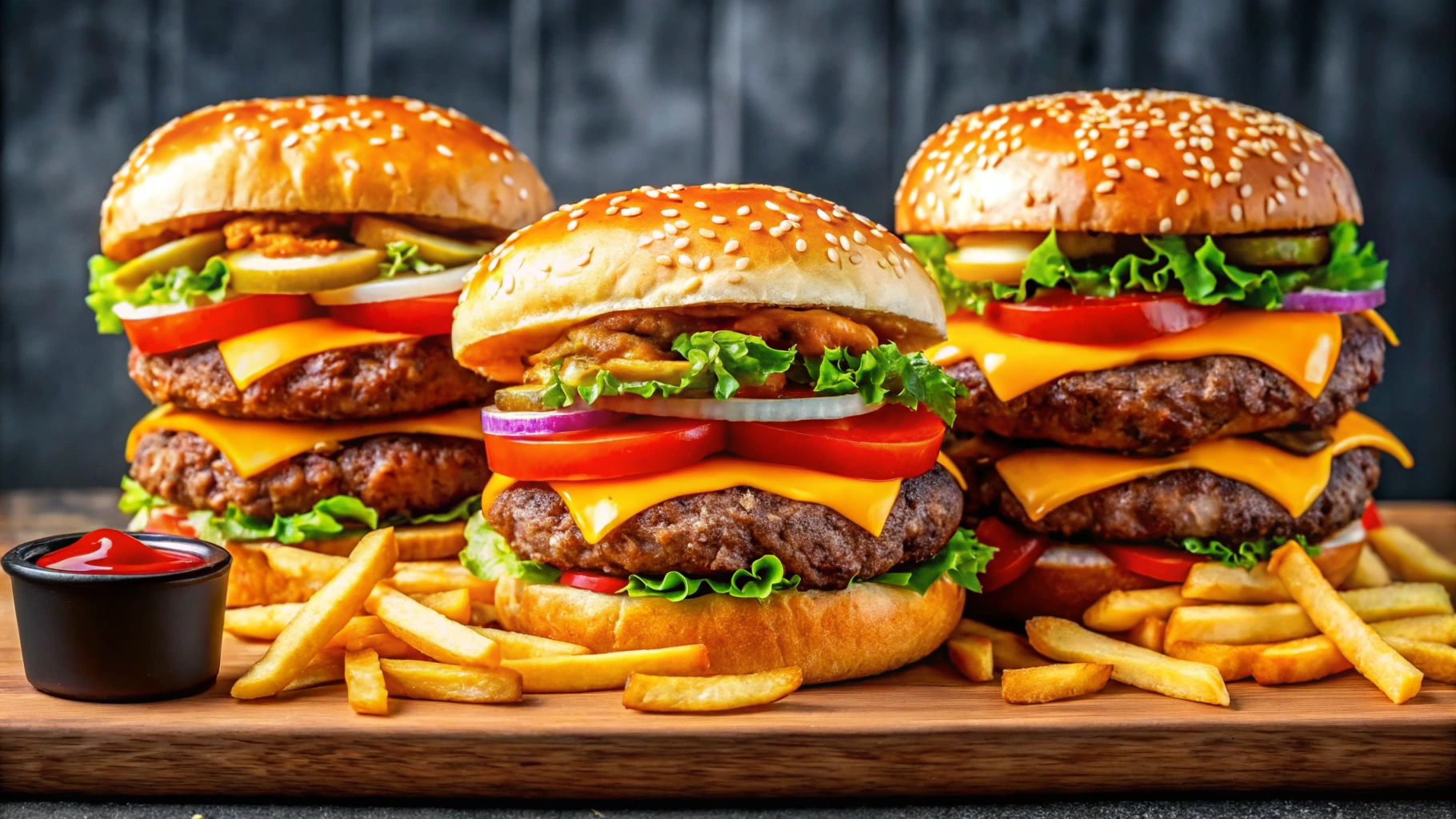 A mouth-watering display of perfectly cooked smash burgers stacked high, featuring juicy, caramelized beef patties, melted cheddar cheese, fresh lettuce, ripe tomato slices, crispy pickles, and a dollop of creamy sauce, all nestled in lightly toasted sesame seed buns, served on a rustic wooden board with a side of golden fries and dipping sauce.