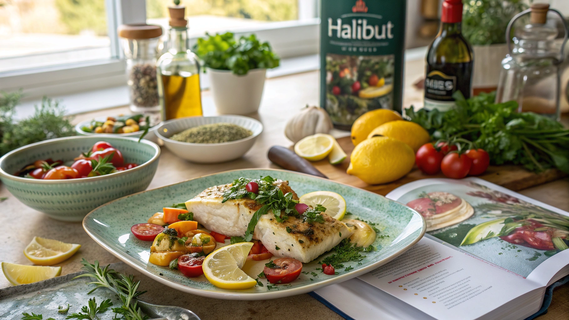 Perfectly cooked halibut fillet, golden and flaky, garnished with fresh herbs and lemon slices, served on a white plate with vegetables.