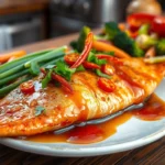 A perfectly cooked honey garlic fish fillet garnished with fresh parsley, served on a white plate with a side of lemon wedges.