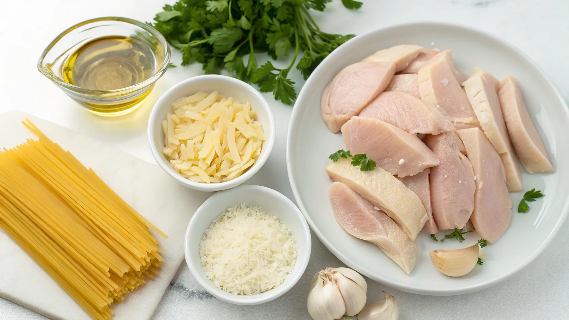 An artistic arrangement of fresh ingredients for garlic parmesan chicken pasta: vibrant green basil, cloves of garlic, grated parmesan cheese, juicy chicken breasts, al dente spaghetti, a drizzle of olive oil, and a sprinkle of black pepper, set against a rustic wooden background.