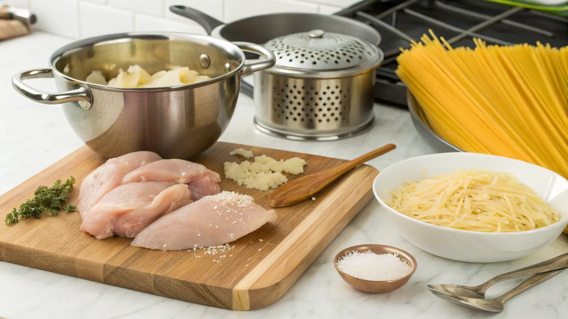 A collection of kitchen tools for making garlic parmesan chicken pasta, including a stainless steel pot, a wooden spoon, a garlic press, a cheese grater, a pasta strainer, and fresh garlic cloves scattered on a wooden countertop. The scene is well-lit, showcasing the shiny tools and ingredients, with a blurred background of an inviting kitchen.