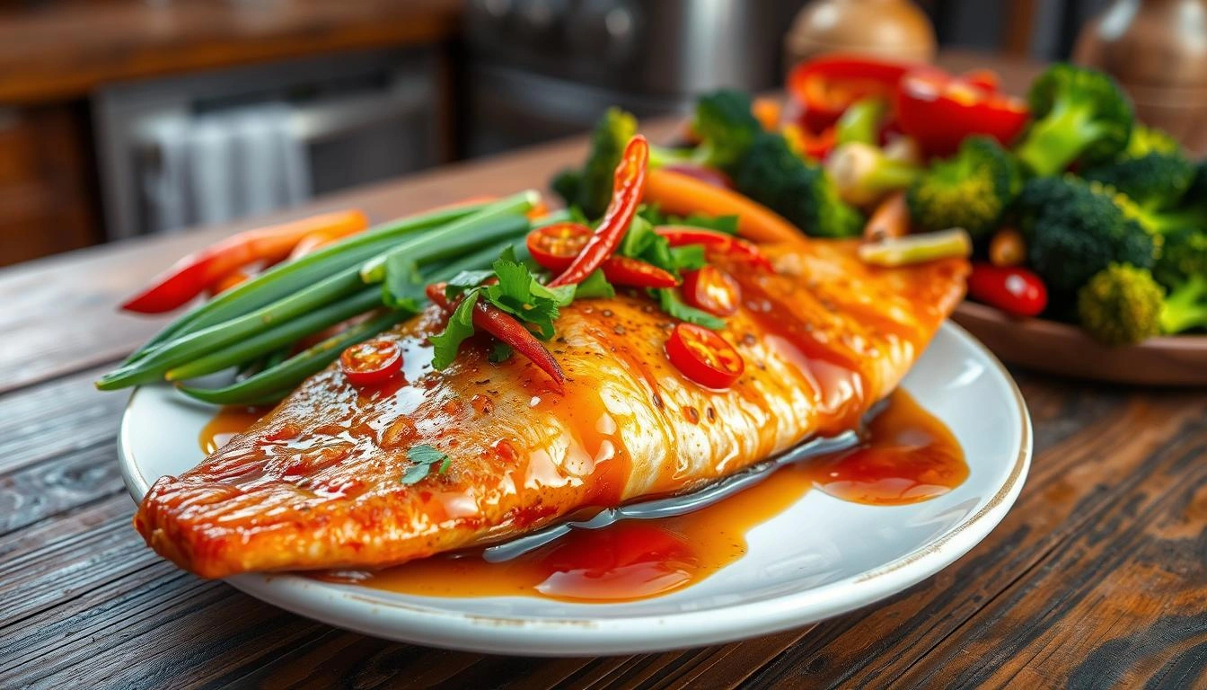 A perfectly cooked honey garlic fish fillet garnished with fresh parsley, served on a white plate with a side of lemon wedges.