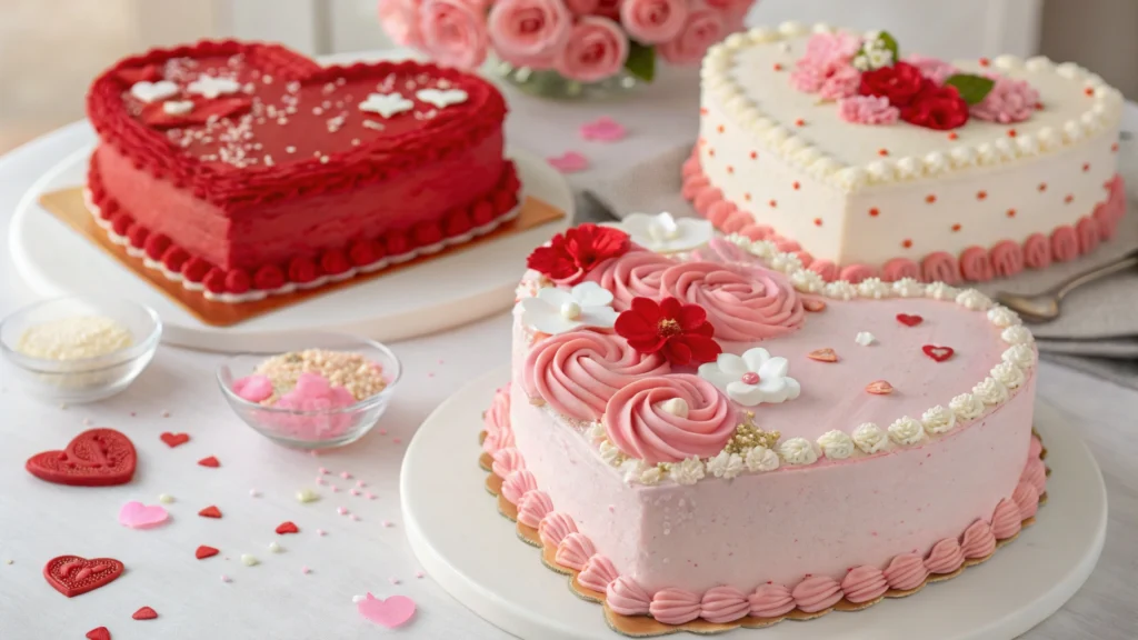 Heart-shaped cakes decorated with vibrant red and pink frosting, adorned with delicate sugar flowers and sprinkles, set against a soft pastel background, with a variety of heart-shaped cake designs including layered, fondant-covered, and rustic styles.