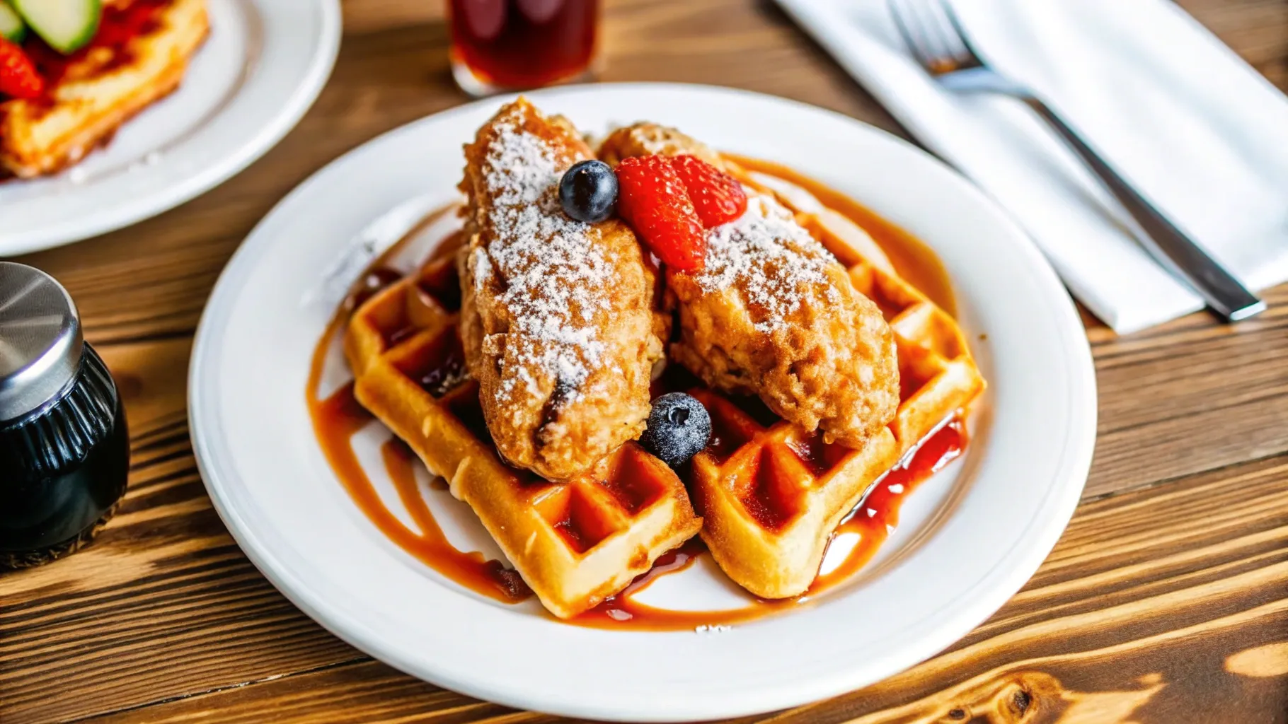 A beautifully plated dish of homemade chicken and waffles, featuring crispy golden fried chicken atop fluffy, freshly made waffles, drizzled with rich maple syrup, garnished with a sprinkle of powdered sugar and fresh berries, set against a rustic wooden table background.