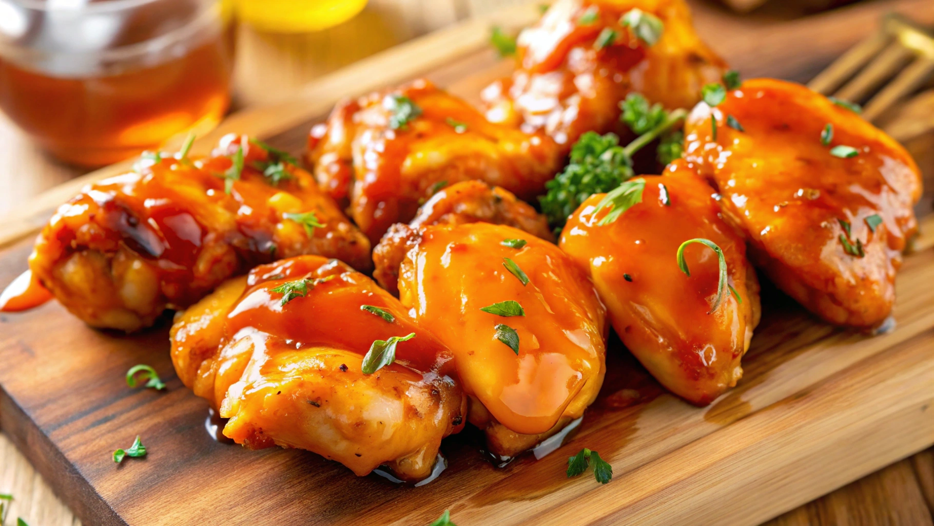 A plate of crispy golden honey chicken topped with sesame seeds and spring onions, served with steamed rice on the side.