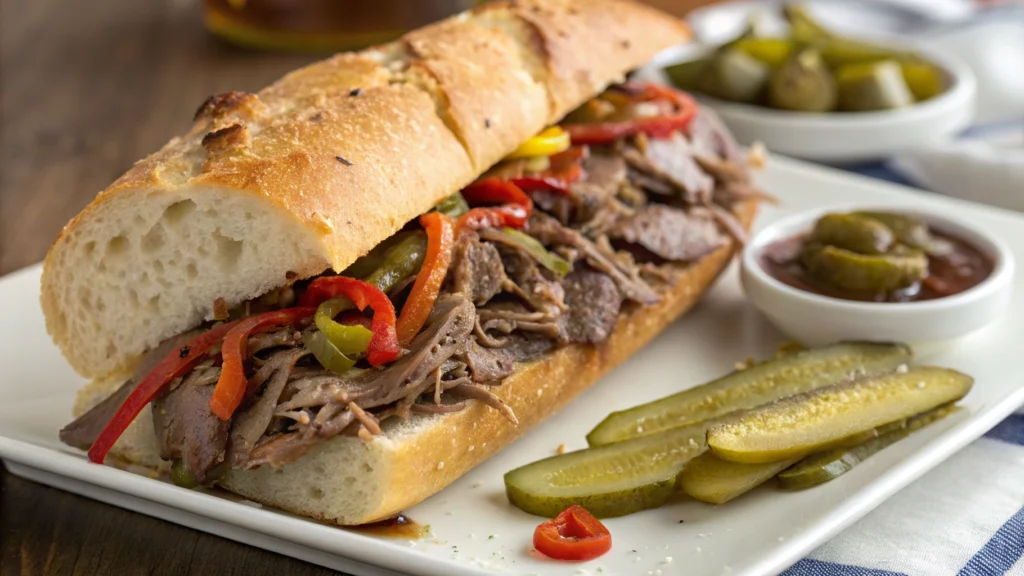 A vintage Chicago street scene showcasing the evolution of Italian beef sandwiches, featuring a bustling deli with classic signage, steaming sandwiches on display, historical references like old photographs of Chicago's immigrant communities, and customers enjoying their meals, all set against a backdrop of 20th-century architecture.