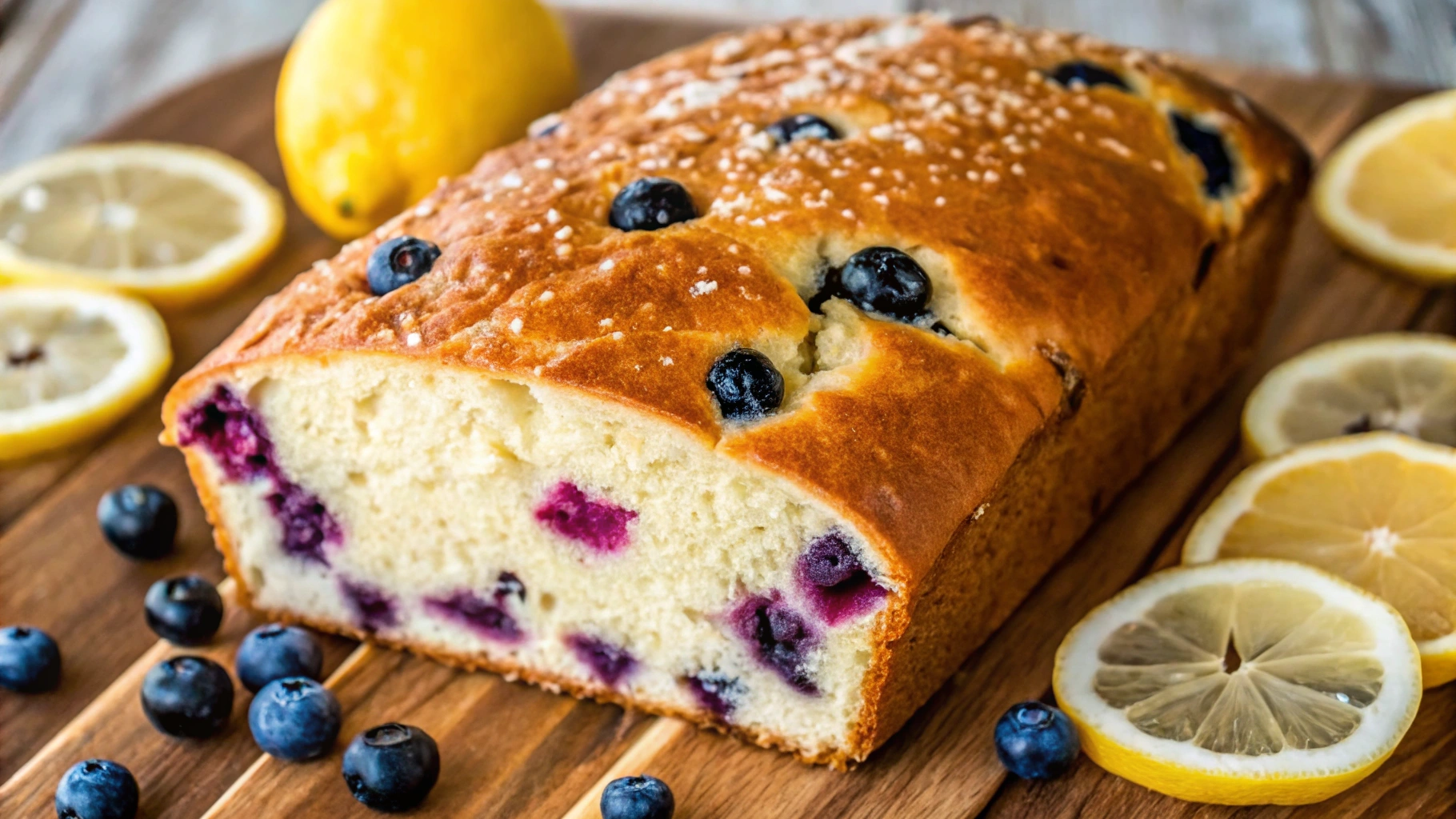 A freshly baked loaf of lemon blueberry sourdough bread with a golden crust, studded with blueberries and hints of lemon zest.