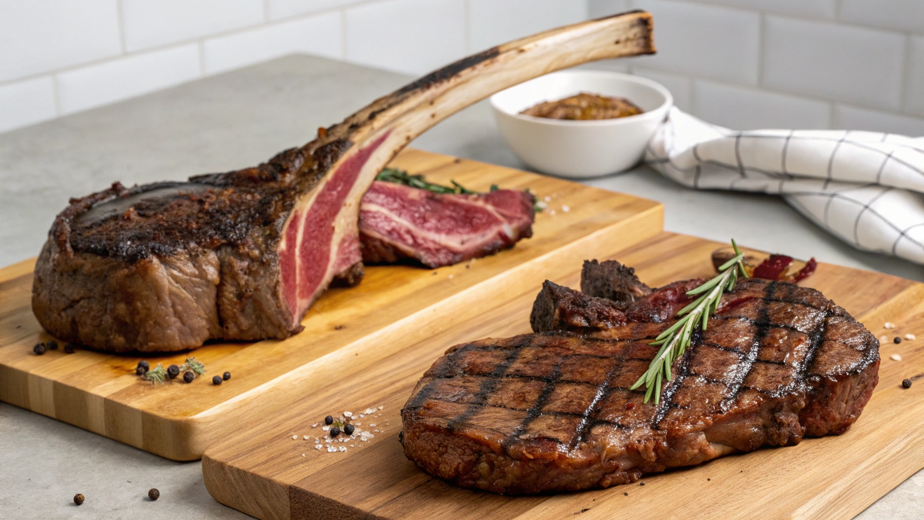 Close-up of a grilled tomahawk steak and a cowboy steak side by side, showcasing the differences in bone length and presentation