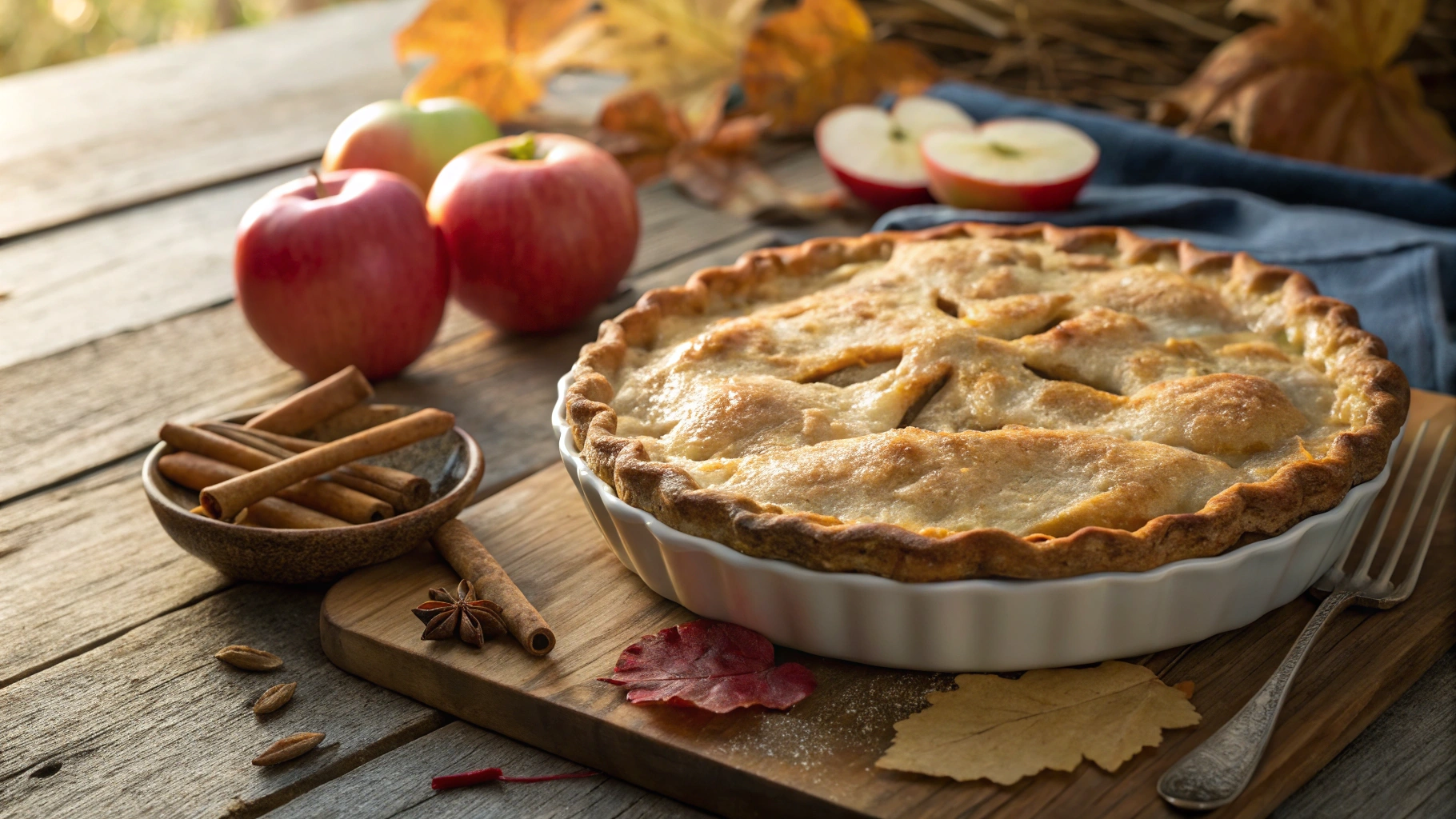 A golden-brown apple pie with a lattice crust, filled with spiced apples, served on a wooden table with a scoop of vanilla ice cream.