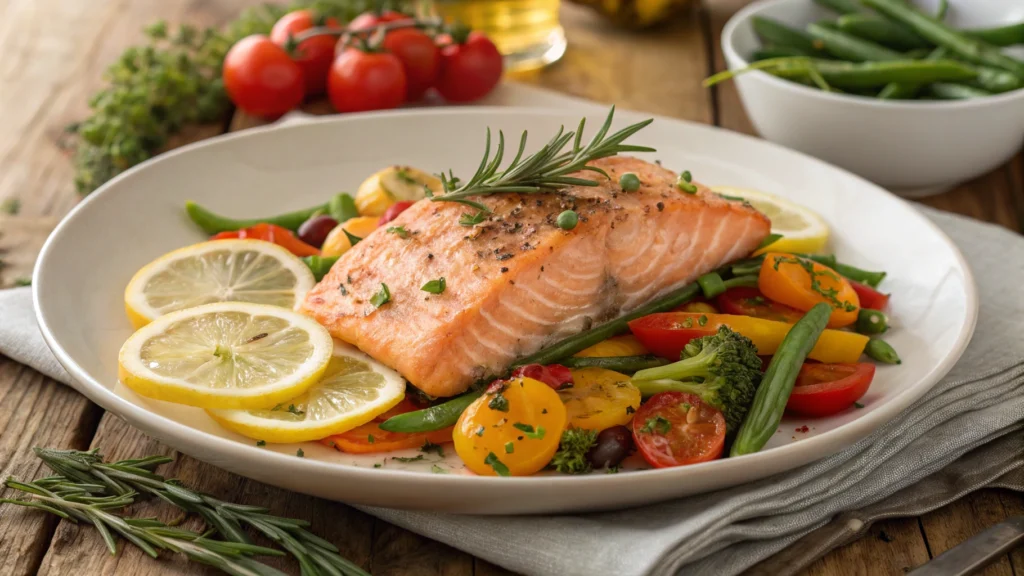 A beautifully plated dish of baked salmon garnished with fresh herbs and lemon slices, surrounded by vibrant seasonal vegetables, presented on a rustic wooden table, with steam rising gently from the hot fish, capturing the essence of a healthy gourmet meal.