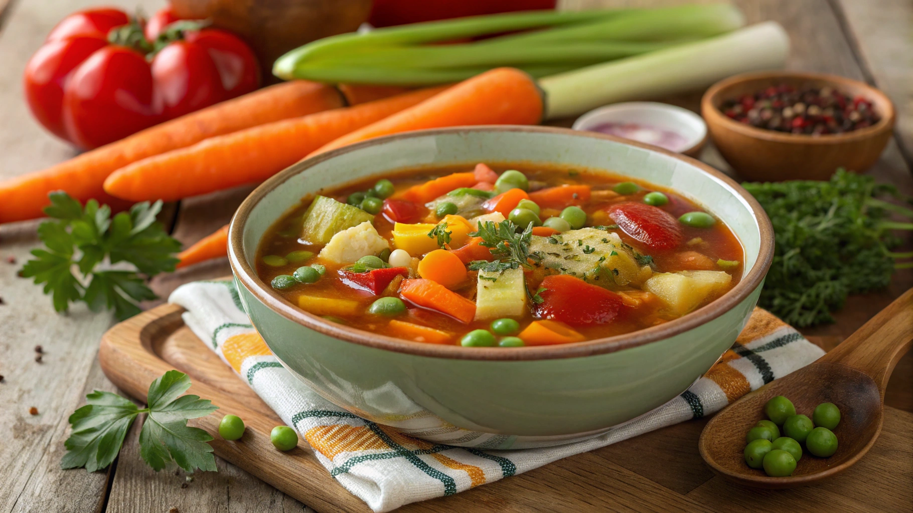 A warm bowl of vegetable soup filled with carrots, celery, tomatoes, and fresh herbs, served with crusty bread.