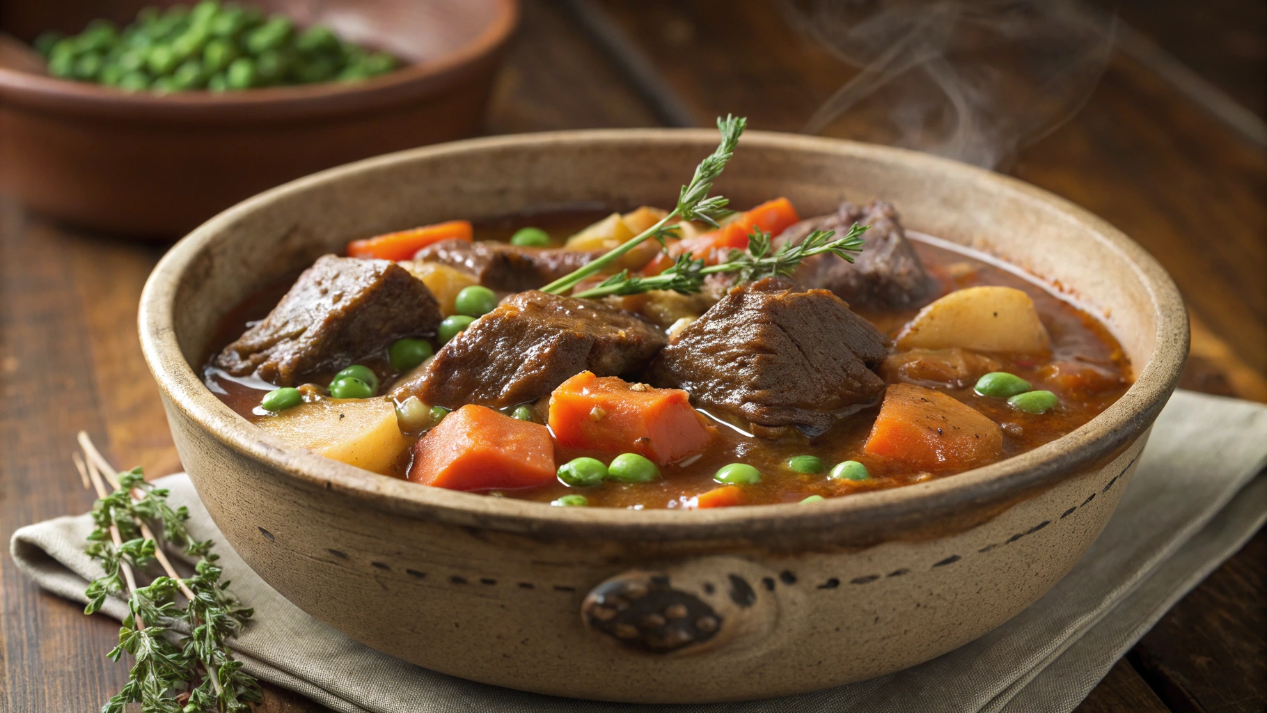 Cast iron pot of beef stew – a hearty homemade dish.