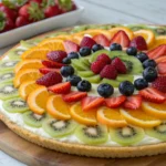 A vibrant fruit pizza featuring a golden-brown sugar cookie crust, a creamy layer of sweetened cream cheese, and an artistic arrangement of fresh fruits like strawberries, blueberries, kiwi, and oranges, all glazed for a shiny finish.