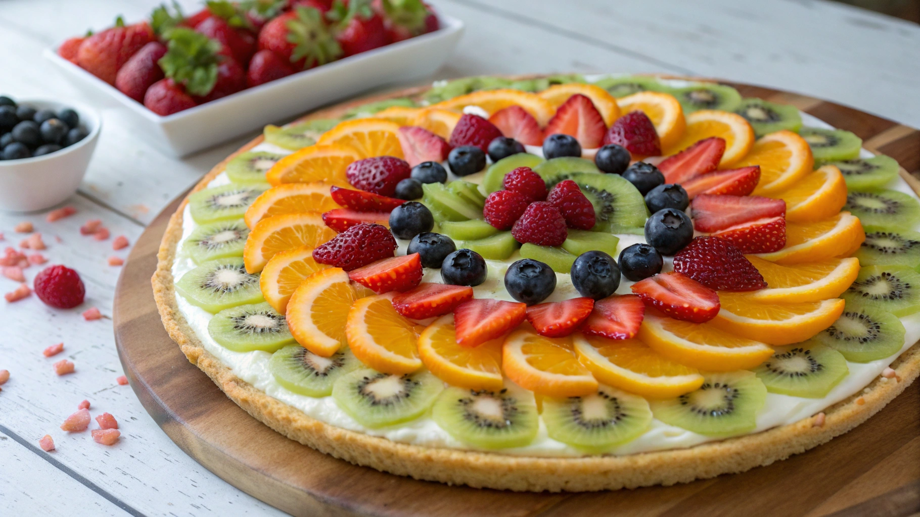 A vibrant fruit pizza featuring a golden-brown sugar cookie crust, a creamy layer of sweetened cream cheese, and an artistic arrangement of fresh fruits like strawberries, blueberries, kiwi, and oranges, all glazed for a shiny finish.