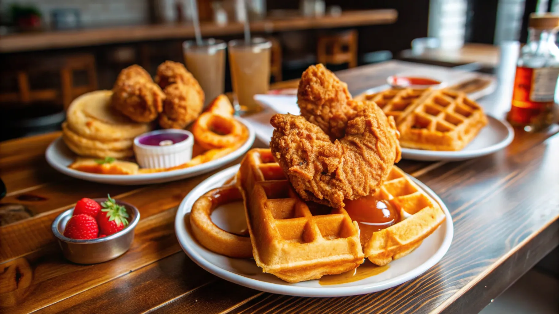 Southern-style chicken and waffles served on a rustic wooden table, golden-brown crispy fried chicken pieces atop fluffy, warm waffles, drizzled with maple syrup, with a side of butter melting on the waffles, surrounded by fresh fruit garnishes like strawberries and blueberries, in a cozy Southern diner setting with vintage decor.