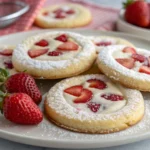 Close-up of freshly baked strawberry cheesecake cookies with chunks of strawberries and creamy cheesecake filling on a white ceramic plate