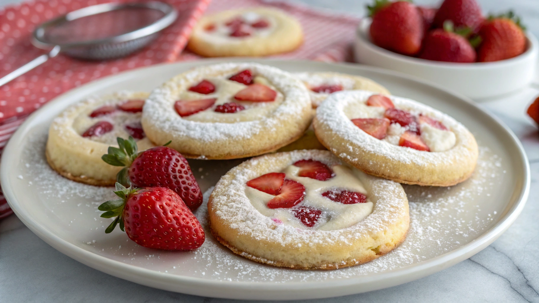 Close-up of freshly baked strawberry cheesecake cookies with chunks of strawberries and creamy cheesecake filling on a white ceramic plate