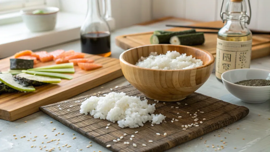 Ingredients for sushi rice seasoning, including rice vinegar, sugar, and salt, ready for preparation.