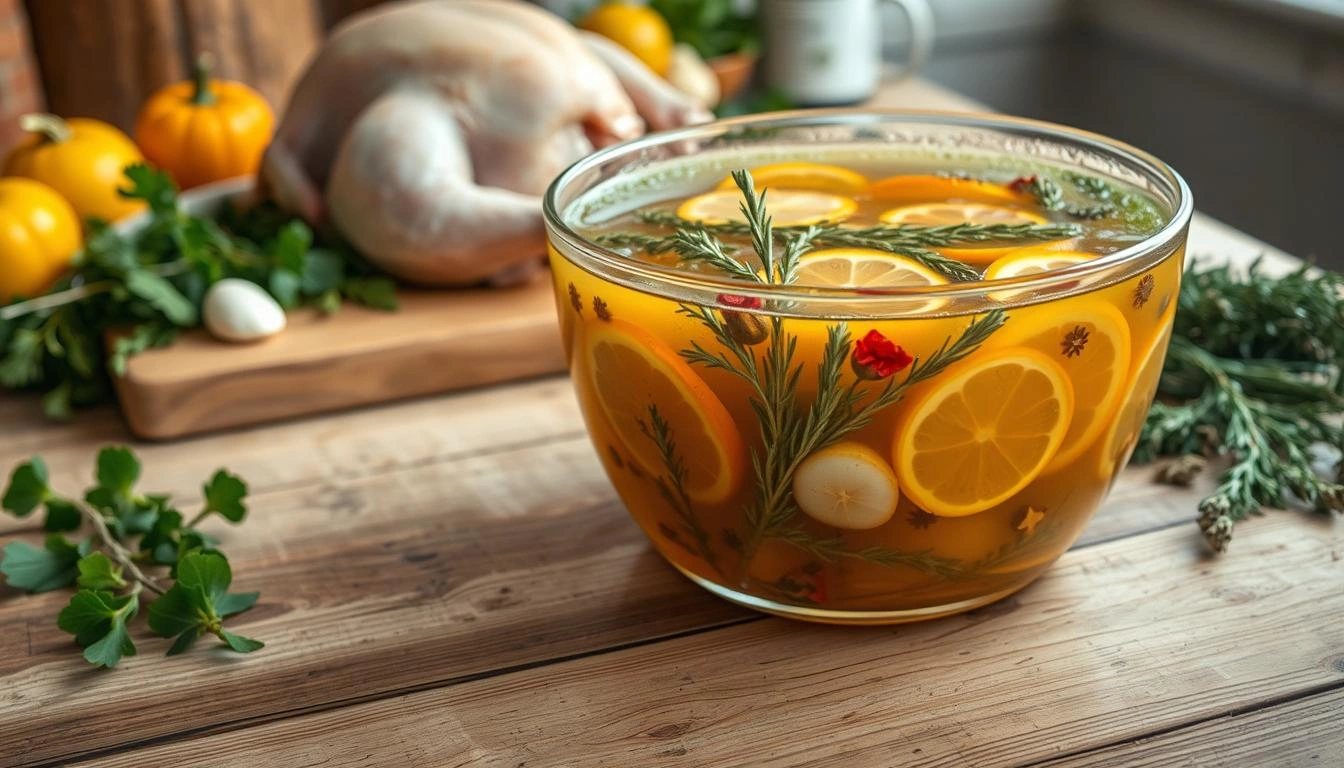 Enhance your turkey with this aromatic brine featuring citrus, herbs, and spices. Keep your bird juicy and flavorful for the perfect holiday feast!