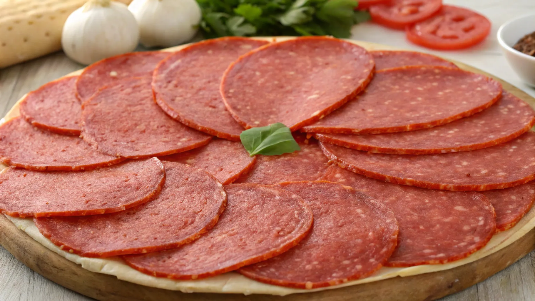 Sliced beef pepperoni arranged on a wooden board, ready to be used in various recipes.