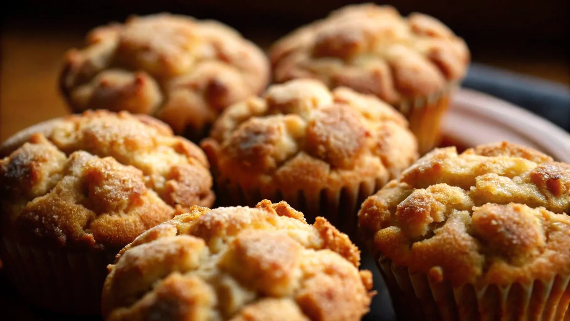 Freshly baked coffee cake muffins with a cinnamon streusel topping, served on a wooden tray with a cup of coffee.