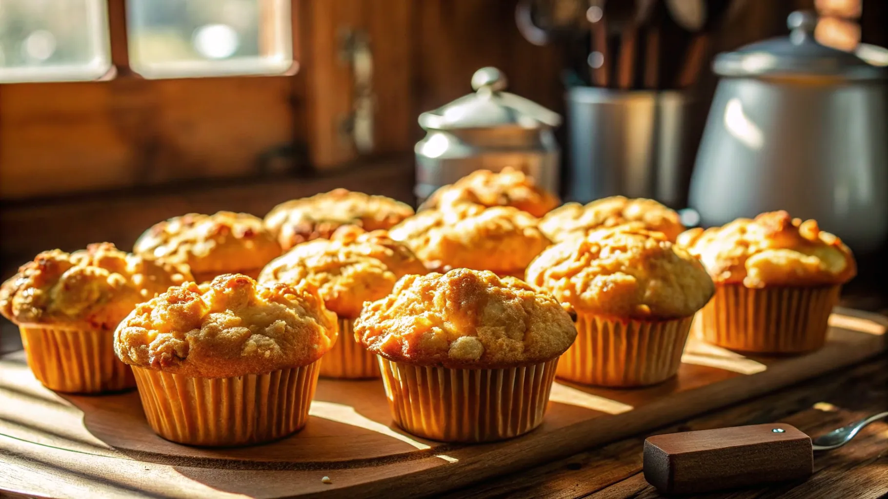 A batch of golden-brown coffee cake muffins with a crumbly cinnamon streusel topping, placed on a wooden board in a cozy kitchen setting. Sunlight streams through the window, highlighting their warm, buttery texture, making them a perfect treat for breakfast or a sweet snack.