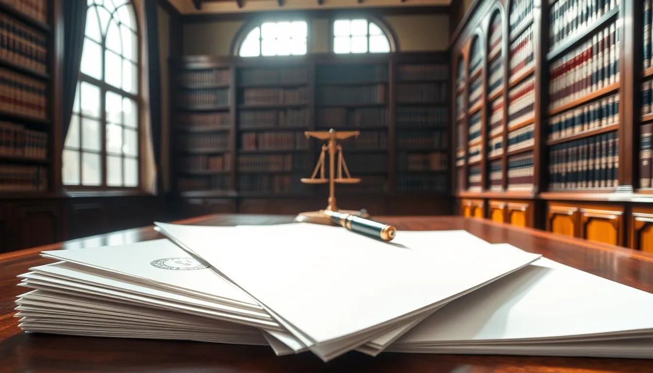 This image showcases a pile of legal documents on a polished wooden desk in a classic law library. The background features bookshelves filled with legal texts, arched windows allowing natural light, and a symbolic set of scales representing justice.