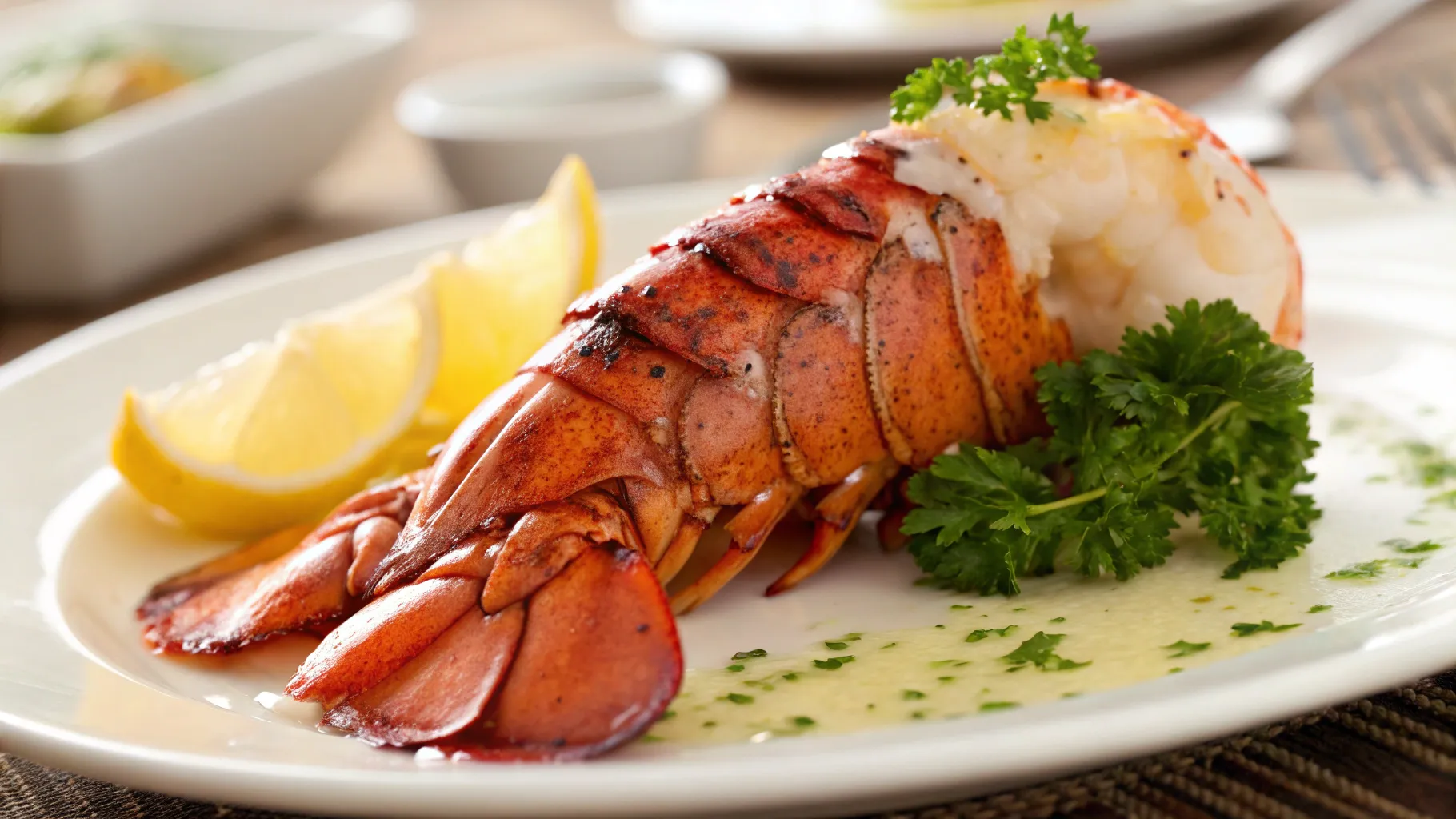 Deliciously cooked lobster tail with garlic butter, garnished with fresh herbs and lemon slices.